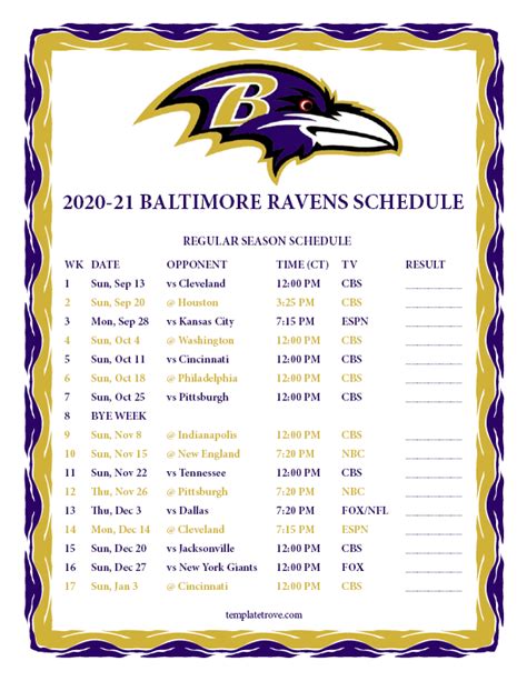 baltimore ravens 2020 printable schedule